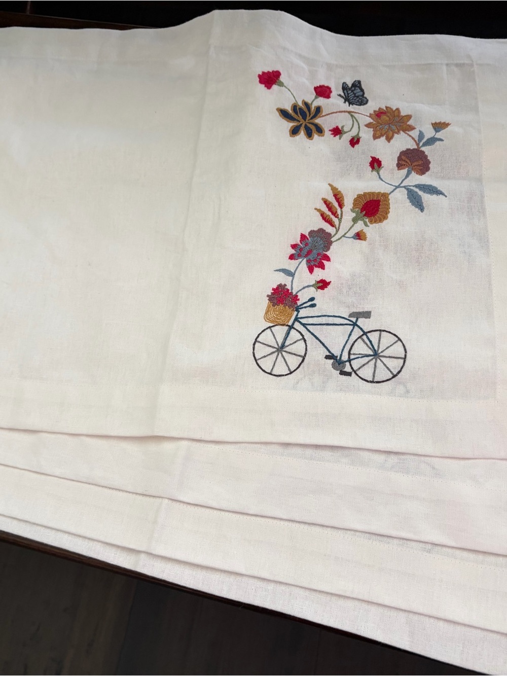 Johnny Was Cream Linen Placemat Set of 4 with Embroidered Bicycle/Floral Motif